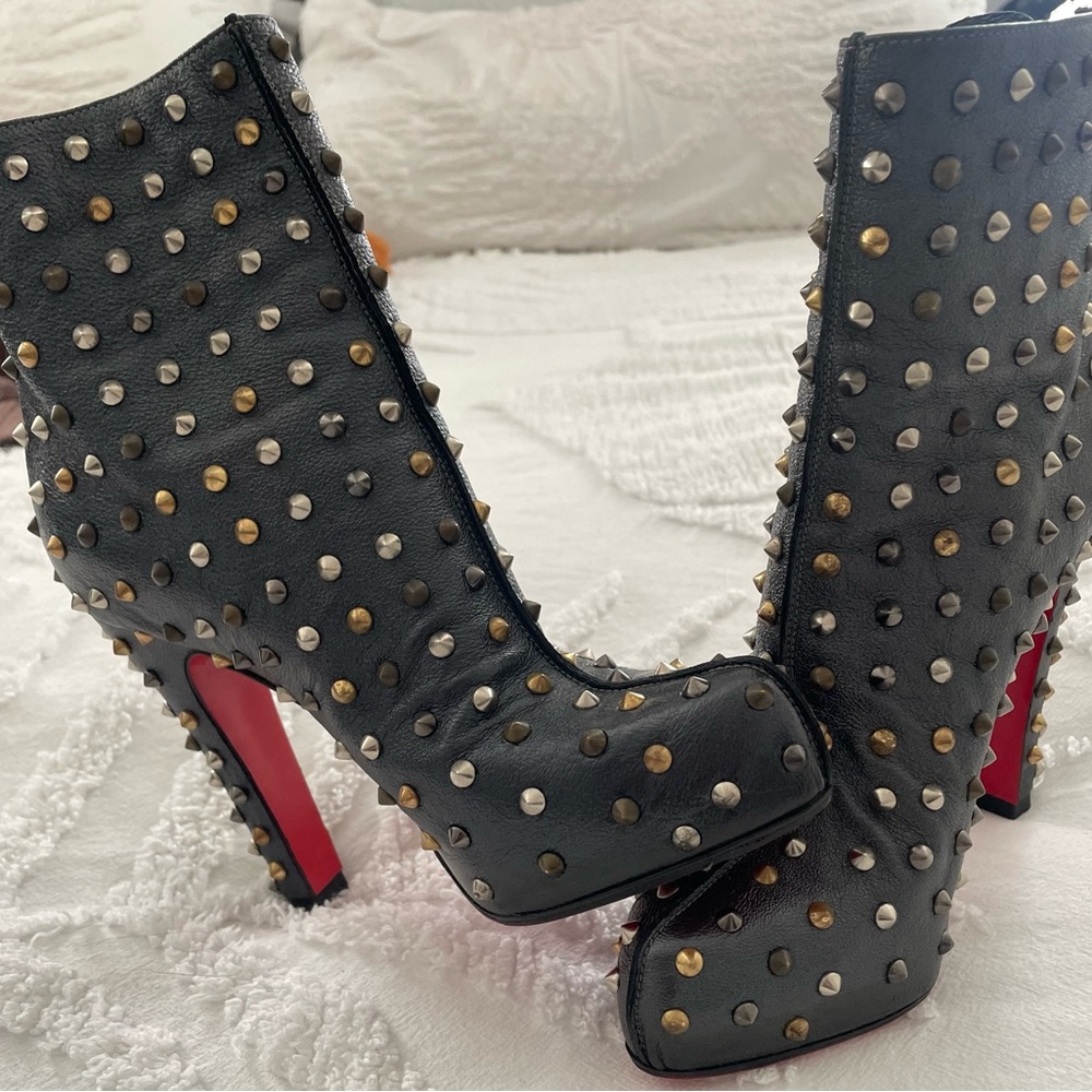 Christian Louboutin Black and Red Studded Heeled Boots